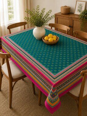 Boho Teal Patterned Tablecloth Colorful Striped Border